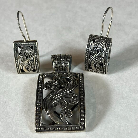 SILPADA Sterling Silver Carved Pendant Necklace and Dangle Earrings Jewelry Set - Picture 1 of 9